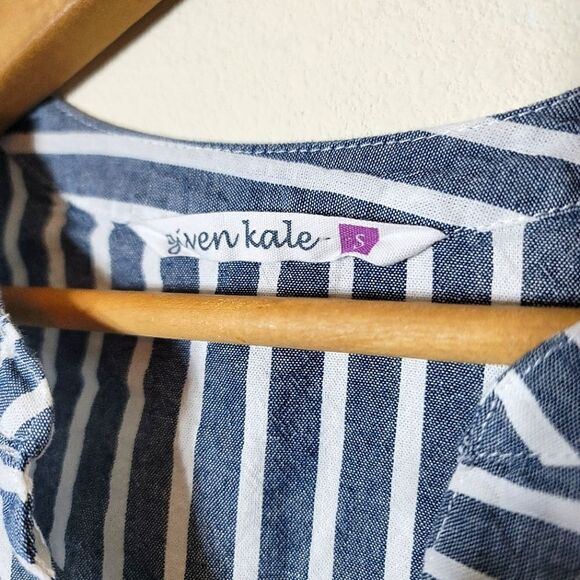 Given Kale Pinstripe Ruffle Split Bell Sleeve Waist Tie Tunic - Picture 5 of 5